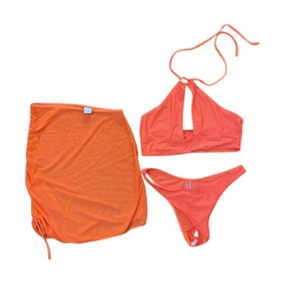 Neon Orange 3 Piece Bikini Set Womens Size Large Vacation Beach - Picture 1 of 10